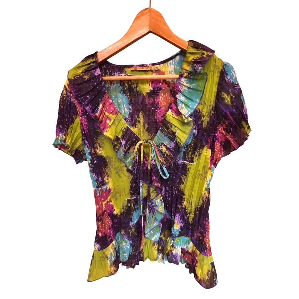 Notations Womens Multi Color‎ Ruffle V-Neck Pleated Short Sleeve Blouse L